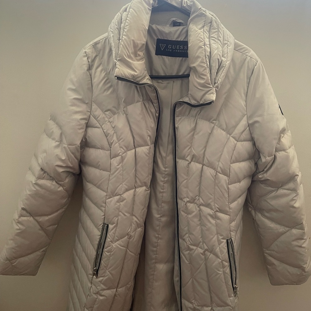 GUESS Long Quilted Puffer Coat in Light Beige